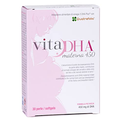 NUOVO VitaDHA® Materna | 450mg di omega 3 DHA per gravidanza e allattamento | con metilfolato Quatrefolic®, tre volte più biodisponibile di acido folico | 30 cps molli