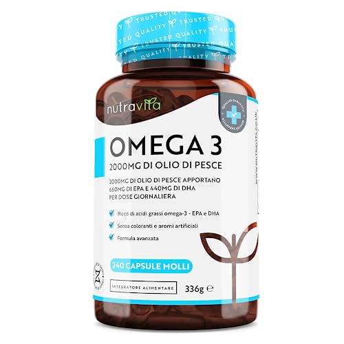 Omega 3 Olio di Pesce da 2000 mg - 660 mg EPA e 440 mg DHA per Porzione - 240 SoftGel Capsule di Olio di Pesce Puro - Fornitura per 4 Mesi - Prodotto nel Regno Unito da Nutravita