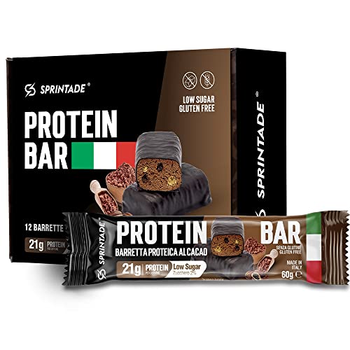Sprintade&reg; PROTEIN BAR la barretta proteica italiana, 12 x 60g, 21g di proteine, snack low sugar, gluten free, adatta per diete keto (Cacao, 12 Barrette da 60g)