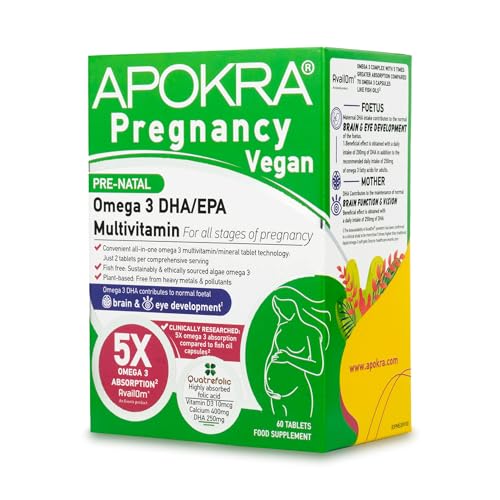 APOKRA Multivitaminico Pre-Natale per la Gravidanza con Omega 3 Vegano DHA/EPA, Metilfolato (Quatrefolic) | 60 Compresse