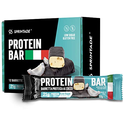 Sprintade® PROTEIN BAR la barretta proteica italiana, 12 x 60g, 21g di proteine, snack low sugar, gluten free, adatta per diete keto (Cocco, 12 Barrette da 60g)