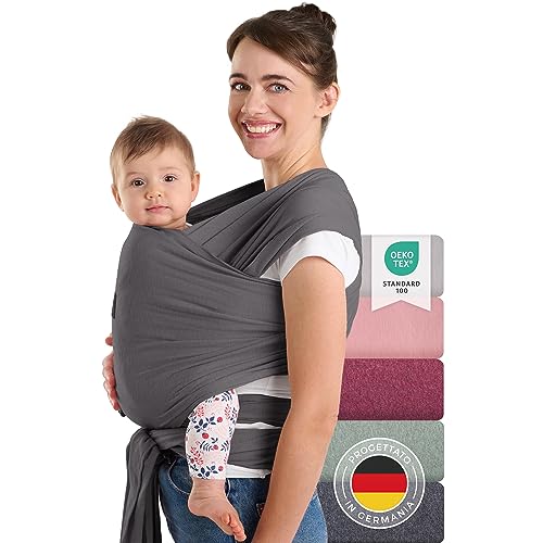 Laleni Fascia Neonato fino a 15kg in Morbido Cotone - Fascia Porta Bebe dalla nascita - Fascia Neonato Porta Bebe Certificata OEKO-TEX - Fascia Bebe Lunga 5,10m - Fascia Elastica Neonato Grigio