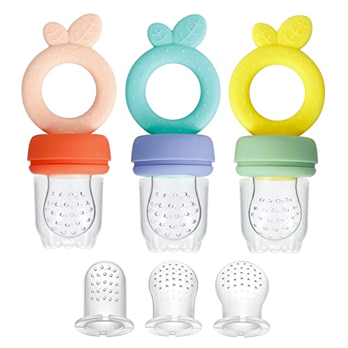 PandaEar 3 Pezzi Ciuccio per Mangiatoia per Frutta in Silicone per Neonati con 3 Tasche in Silicone di Taglie, Alimentatore a Rete Senza BPA per Neonati
