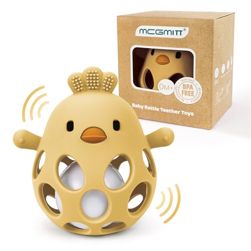 MCGMITT Palla presa Con Sonaglio &ndash; Massaggiagengive in Silicone BPA-free per Neonati, Giocattolo Sensoriale Montessori a Forma di pollo per Dentizione e Sviluppo Precoce 0-24 Mesi Bambini &ndash; Giallo