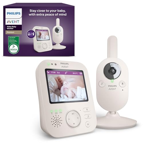 Philips Avent Premium Video Baby Monitor, Certificato DEKRA, telecamera e audio, bianco, display da 3,5", zoom x4, funzione di comunicazione a 2 vie, ninne nanne e rilevazione temperatura, SCD891/26