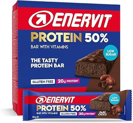 Enervit Protein Bar 50% Dark Choco, Barrette Proteiche Enervit, 20 Grammi di Proteine, Barrette con Vitamina D e Vitamina B6, Gusto Cioccolato Fondente, Senza Glutine, Low Sugar, 12 Barrette da 40g