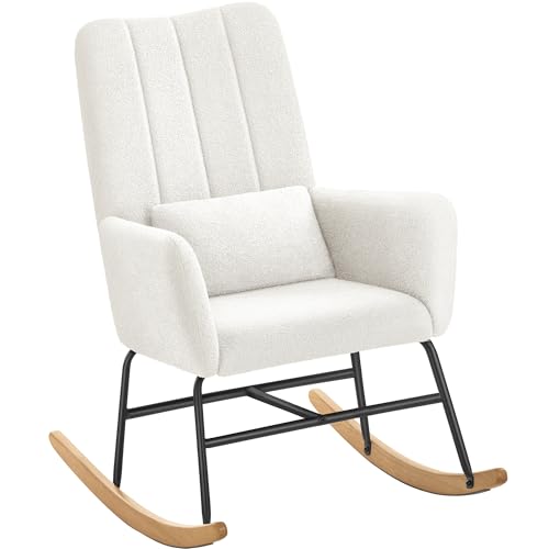 SONGMICS HOME Sedia a Dondolo, con Braccioli, Poltrona a Dondolo, Rivestimento in Peluche, Struttura in Acciaio, Piedi in Legno, Portata 160 kg, Camera da Letto Salotto, Bianco Crema LYY500W01