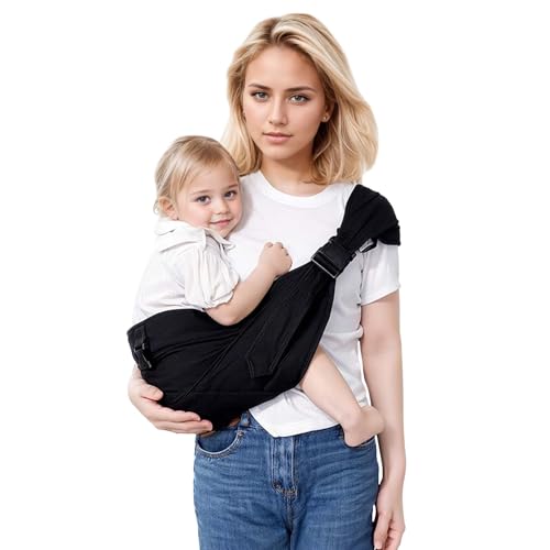 JOYNCLEON Portabebè Fisiologico da Neonato a Bambino, Fascia Portabebè Laterale con Spallone Extra Largo, Regolabile ed Ergonomico 0-36 Mesi, per Viaggi e Supporto Anca Sano (Nero)