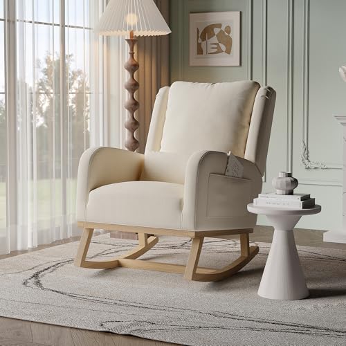 TIMORWTF Rocking Chair,Living Room Rocking Chair Internieur,Sedia a dondolo con cuscino lombare,Poltrona allattamento in tessuto di lino con gambe in legno massello, Beige