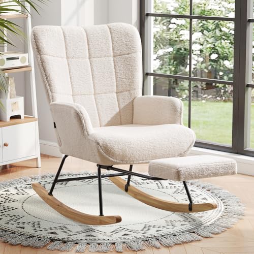 Ckaff - Poltrona a dondolo con poggiapiedi, per allattamento al seno, sedia a dondolo scandinavo in tessuto boucl&eacute; e legno massiccio per camera dei bambini, soggiorno, balcone, bianco avorio