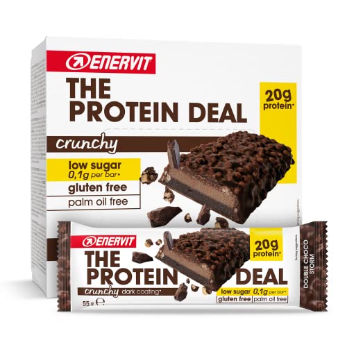 Enervit, The Protein Deal Crunchy Double Choco Storm, Barrette Proteiche, Gusto Cioccolato Fondente, 20g di Proteine, 0,1g di Zuccheri, Snack Goloso, Senza Glutine, 12 Barrette da 55g